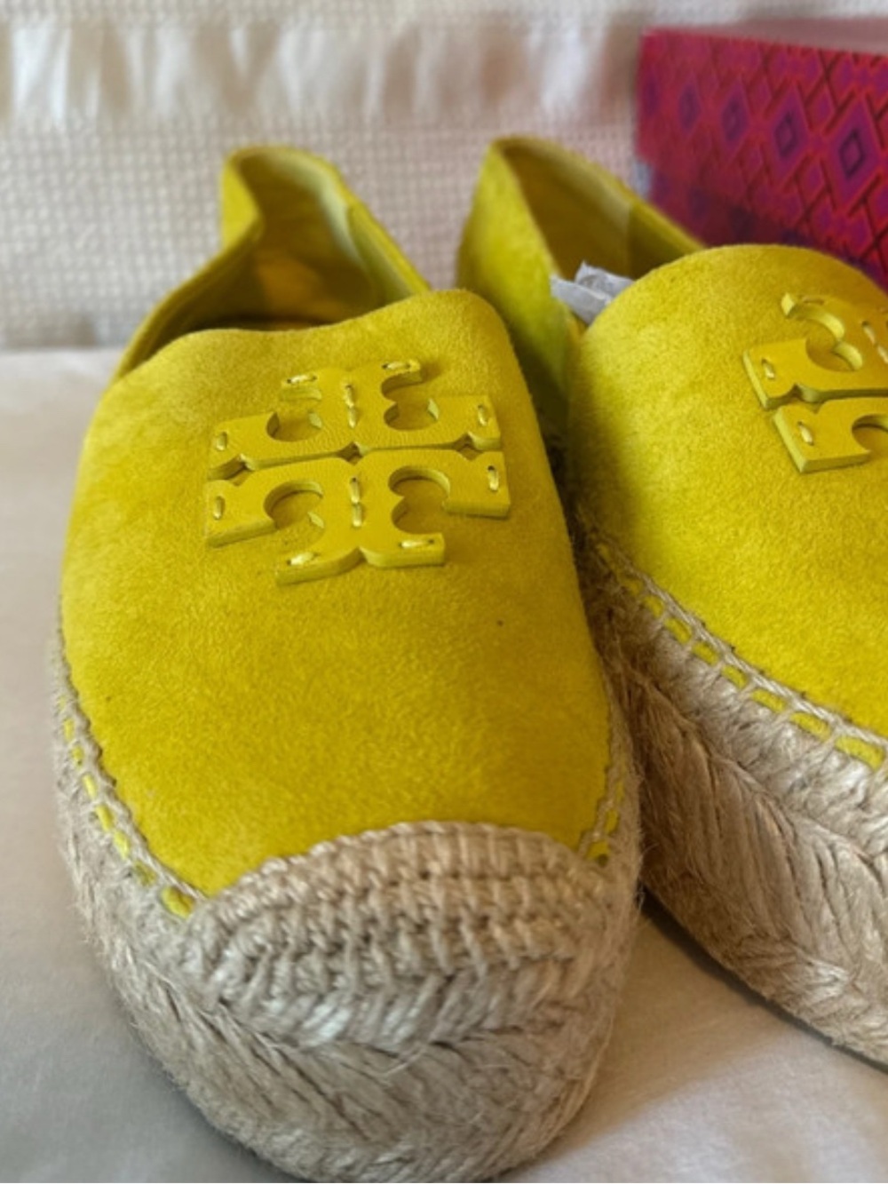 Tory Burch Lemon Yellow Suede Espadrille Platform Slip-Ons